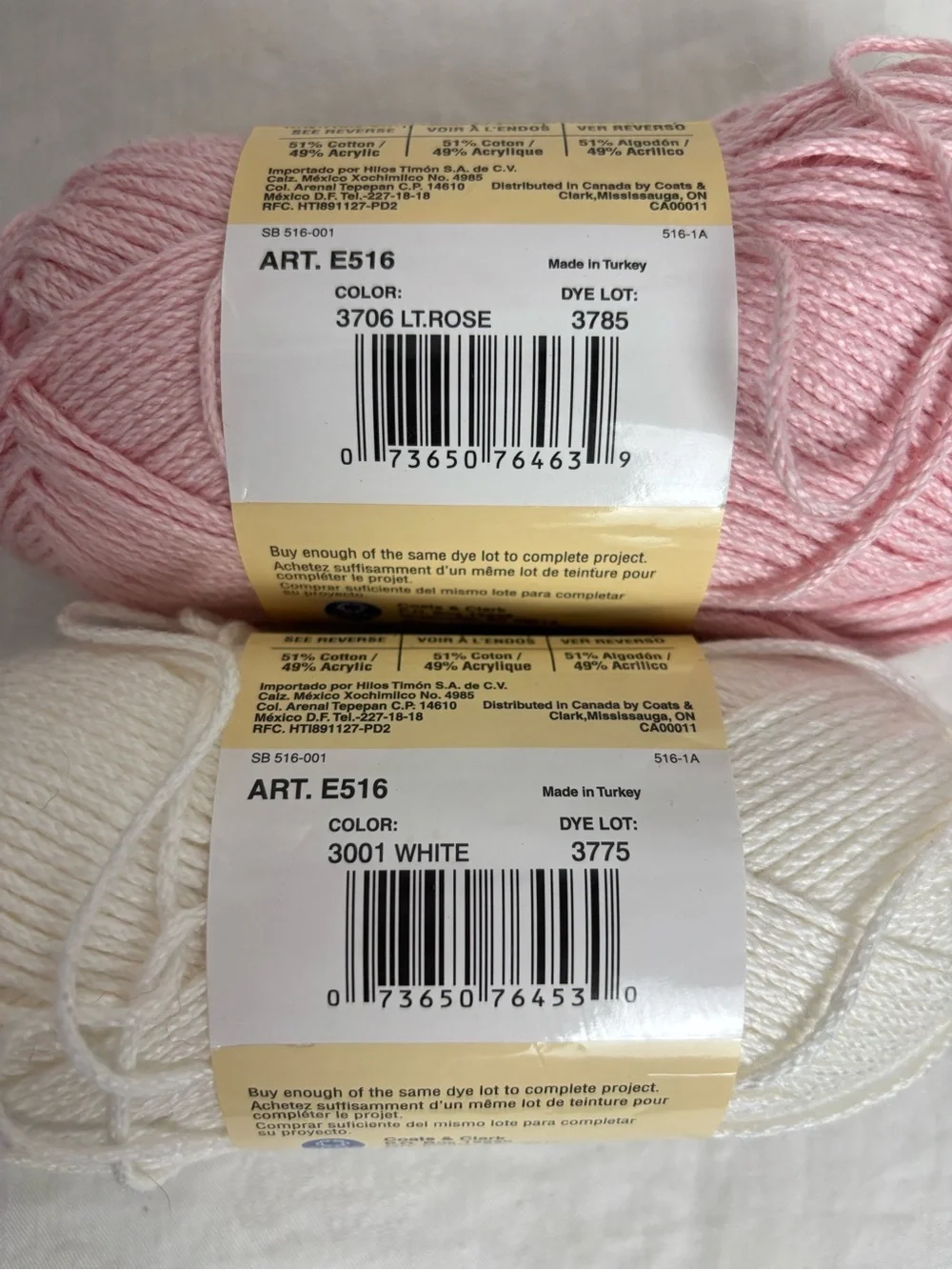 Red Heart Discontinued TLC Cotton Plus Yarn - Pink & White Skeins